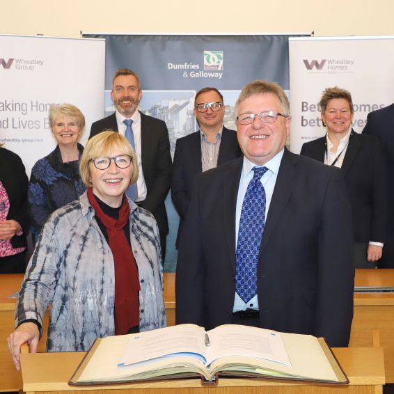 Dawn Roberts, Dumfries and Galloway Council Chief Executive; Jo Armstrong, Wheatley Group Chair; Jo Boaden, Wheatley Homes South Chair; Steven Henderson, Wheatley Group Chief Executive; Alan Glasgow, Managing Director Wheatley Homes South; Councillor Malcolm Johnstone, Council Convenor; Lorna Meahan, Director Economy and Resources at D&G Council; Jamie Little, Team Leader Strategic Housing and Regeneration Investment.