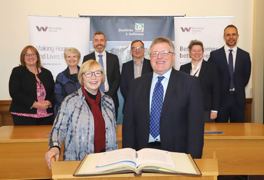 Dawn Roberts, Dumfries and Galloway Council Chief Executive; Jo Armstrong, Wheatley Group Chair; Jo Boaden, Wheatley Homes South Chair; Steven Henderson, Wheatley Group Chief Executive; Alan Glasgow, Managing Director Wheatley Homes South; Councillor Malcolm Johnstone, Council Convenor; Lorna Meahan, Director Economy and Resources at D&G Council; Jamie Little, Team Leader Strategic Housing and Regeneration Investment.