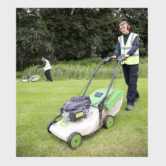 Two people cutting the grass using push lawnmowers